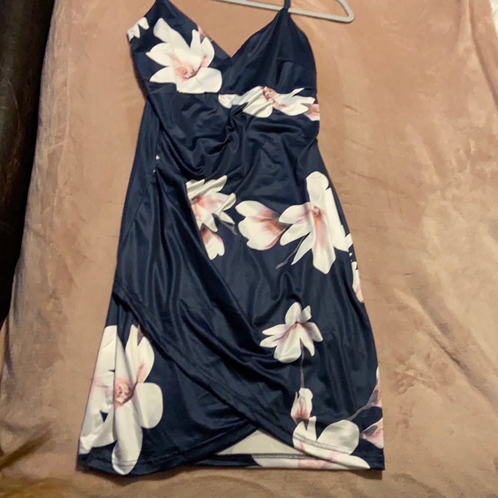 Navy blue satin sundress, white and pink flowers.